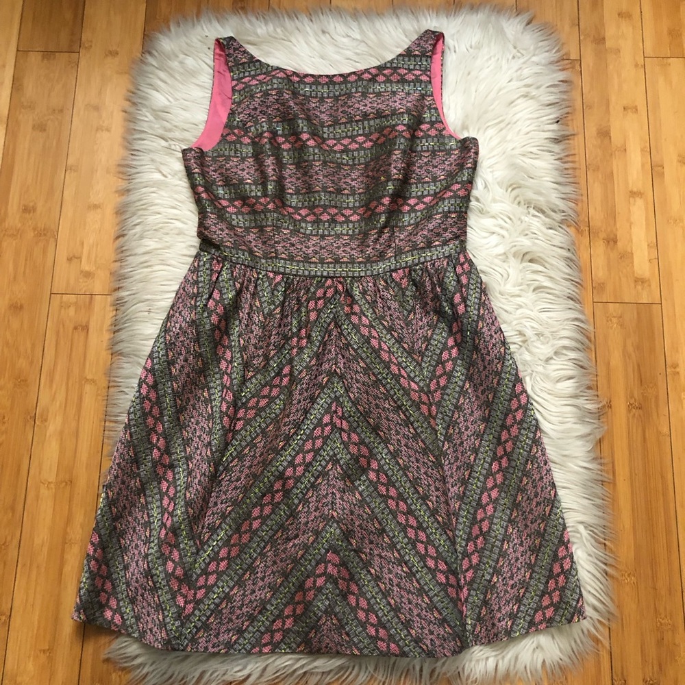Adrianna Papell Jacquard Tribal Geometric Fit Flare Pink Grey Mini Dress 6 NWOT